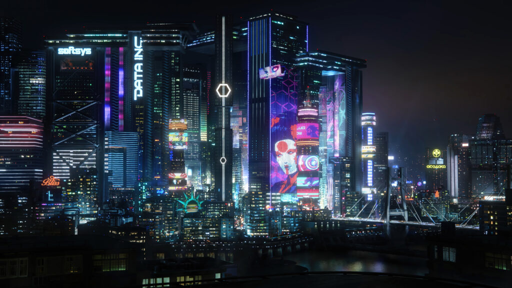 Paisagem de Night City do jogo Cyberpunk 2077 